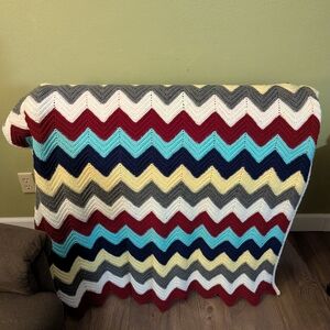 Handmade Crotcheted Chevron Ripple Patterned Multicolor Throw Blanket.